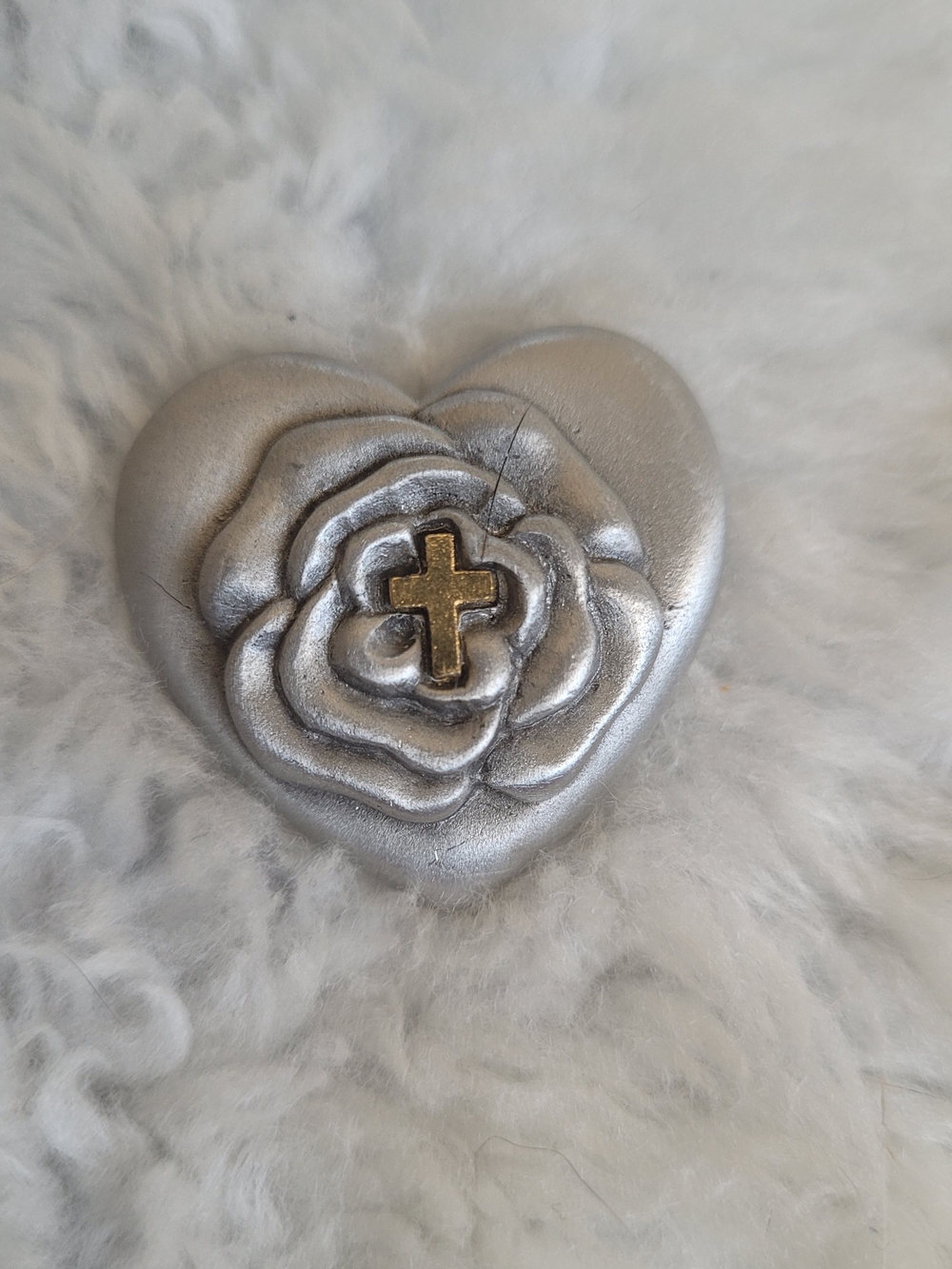 Vintage Pewter Heart Lapel Pin with Rose & Gold Cross  Religious Brooch